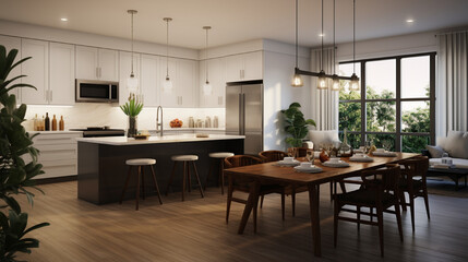 Well-lit kitchen featuring a granite island, stainless steel appliances, and an open concept leading to a cozy dining area