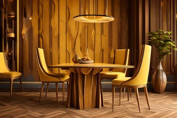 the most beautiful chair of yellow colors, of luxury hotle dining table, with wood color background
