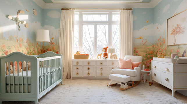 Whimsical wallpapered nursery with a crib, changing table, and soft plush toys 