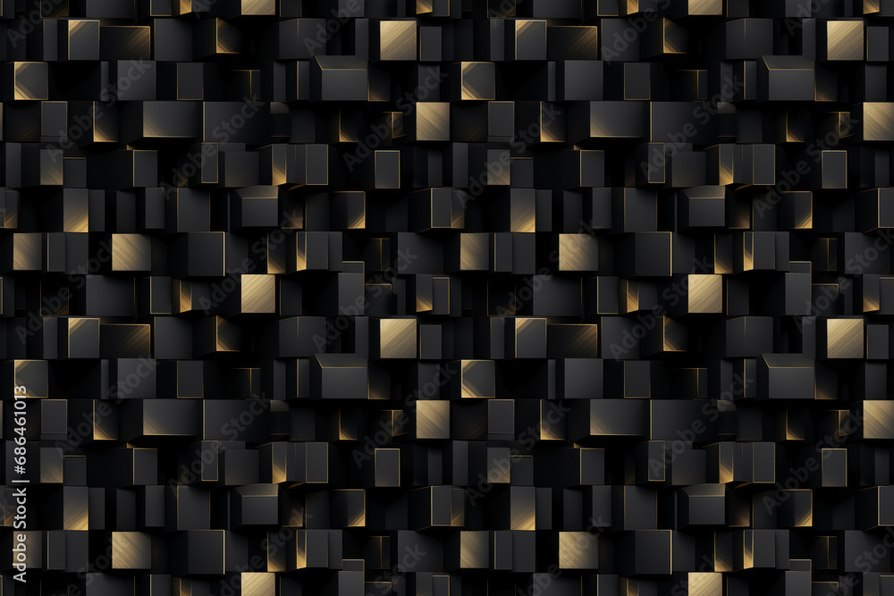 Poster black 3d cuboids with gold grid overlay pattern: black 3d cuboids are overlaid with a grid of golden