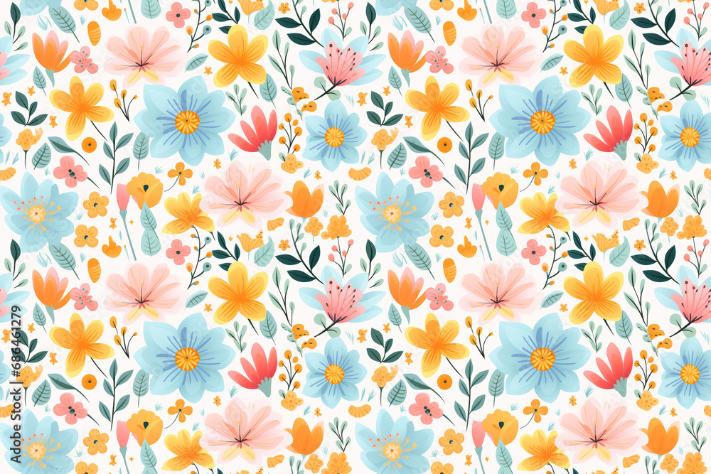 Poster colorful springtime splendor pattern: a vibrant pattern with various spring flowers, symbolizing the