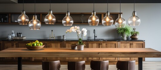 Contemporary pendant lighting above wooden island in kitchen - obrazy, fototapety, plakaty