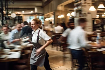 Keuken spatwand met foto waiters and motion chefs of a restaurant kitchen © KirKam