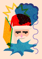 Risograph Santa Claus head with speech bubble with geometric shapes. Objects in trendy riso graph print texture style design with geometry elements.