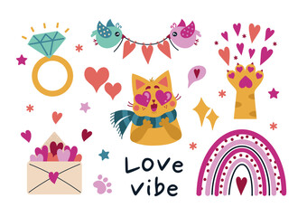 Valentines Day vector set. Romantic collection - cute cat, spring birds, wedding ring, love message, hearts. Bright clipart isolated on white. Flat cartoon illustration for stickers, posters, cards