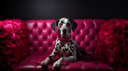 The elegant Dalmatian Dog sitting on the sofa.
Generative AI - obrazy, fototapety, plakaty