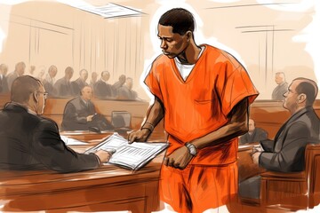 black man prisoner in orange jumpsuit in courtroom - obrazy, fototapety, plakaty