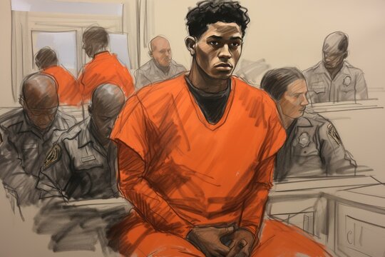 black man prisoner in orange jumpsuit in courtroom