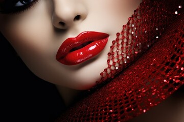 Close up view of beautiful woman lips with red lipstick. Fashion make up. Cosmetology, drugstore or fashion makeup concept.  - obrazy, fototapety, plakaty