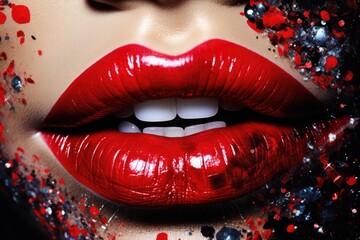 Close up view of beautiful woman lips with red lipstick. Fashion make up. Cosmetology, drugstore or fashion makeup concept.  - obrazy, fototapety, plakaty