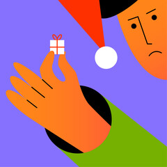 The guy is upset because of a small gift. New Year 2024 celebration. Flat vector illustration in cartoon style.