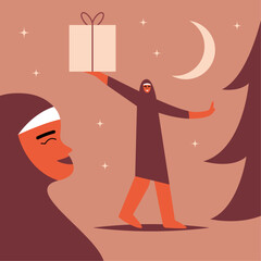 Arab girls exchange gifts. New Year 2024 celebration. Flat vector illustration in cartoon style.