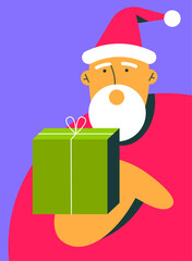 Santa Claus gives a gift. New Year 2024 celebration. Flat vector illustration in cartoon style.
