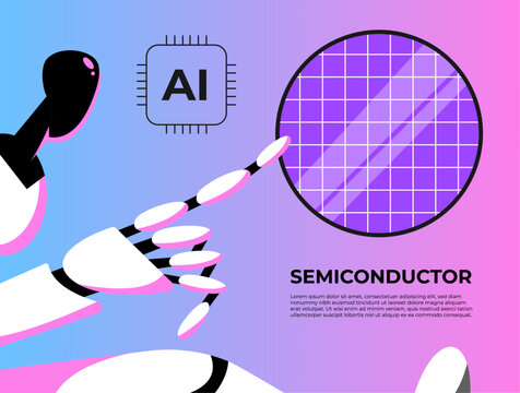Robot working in the semiconductor industry. Development of chips for AI. Artificial intelligence on semiconductor elements. Flat vector illustration in cartoon style.