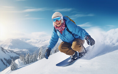 Fototapeta na wymiar Happy elderly woman on a snowboard goes down the snowy slopes