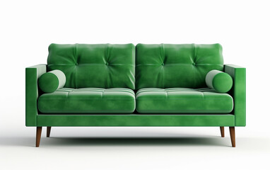 Green sofa isolated on white. Green velvet sofa on wooden legs on white background