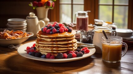 A farm-style breakfast table featuring pancakes, waffles, and French toast drizzled with pure New England maple syrup, accompanied by bacon and fresh berries.