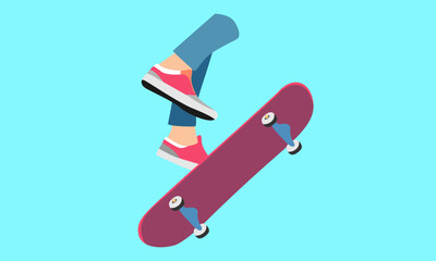 flat illustration of young cool skateboarder man riding skate and performing jump trick