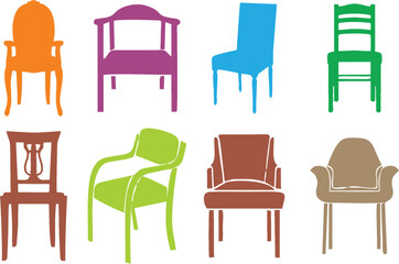 Office, rocking and drawing room Chairs, silhouette icons in editable vector. Porch Rocking, student and work station Chairs. Furniture sale expo poster or banner for media and web.