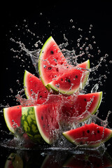 Juicy pieces of ripe watermelon in a splash of water. Generative AI.