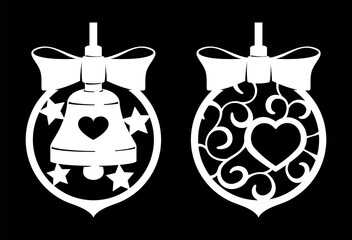 Set of Christmas tree decorations. Stencil of winter tree decorations. Vector silhouette of christmas or New Year decoration. Template isolated on black background. Stencil for Christmas holiday .