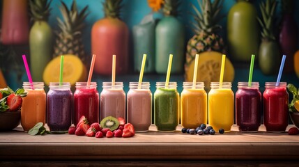 Naklejka na ściany i meble Smoothie Bar with an Array of Nutrient-Packed Smoothies in Different Colors