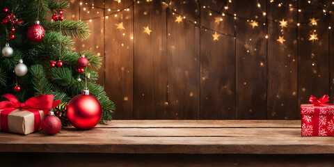 Empty wooden table with christmas theme in background.
