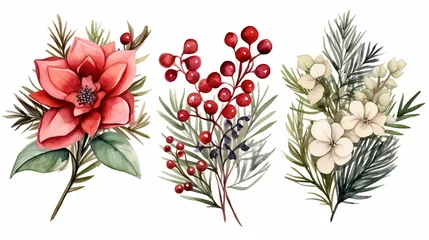 Rolgordijnen Christmas and new year collection 2 lovely winter bouquets with leaves, flowers watercolor © Petruk
