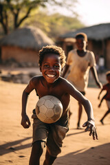 African children in poor slums Have fun tapping balls on the soccer field in the slum village. Group of fun African children
