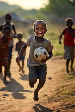 African children in poor slums Have fun tapping balls on the soccer field in the slum village. Group of fun African children