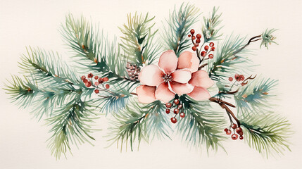 Christmas vintage watercolor folk pine tree card winter background design