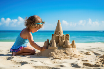 Fototapeta na wymiar Girl playing on the beach on summer vacation Little girl builds a sand castle with a blue ocean background. Enjoy the summer vacation. Have fun on the beach
