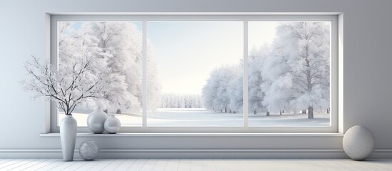 Scandinavian illustration of a chic vacant room with snowy landscape visible