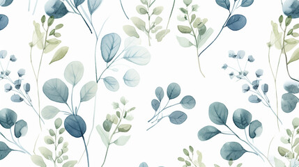 beautiful watercolor seamless pattern with eucalyptus branch flower - obrazy, fototapety, plakaty