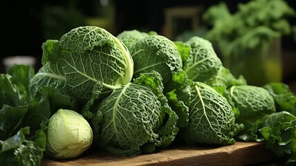 Fresh savoy cabbage on a wooden board