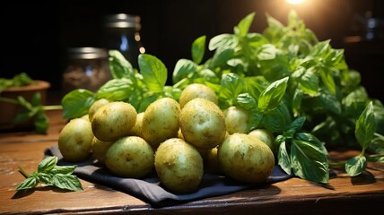 Healthy eating with fresh potatoes on a wooden table