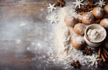 Obraz na płótnie Canvas Christmas baking background with flour, eggs and spices. Selective focus