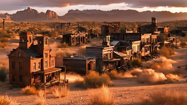 setting over ghost town, casting orange glow decayed buildings. walked down deserted streets, only sounds were creaking wooden shutters rustling tumbleweeds. distance, 2d animation