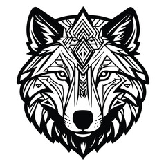 Beautiful wolf tattoo emblem. Wild Majesty. Vector wolf's head as a design. Line icon logo. Intricately Detailed Art. Stock Vector illustration. Element isolated on white background. Modern style.