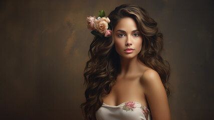 Studio portrait of a female model with roses in her long brown hair. Room for copy.