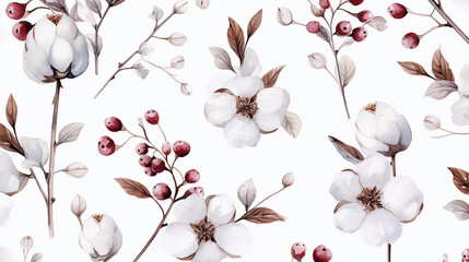 hand painted watercolor seamless pattern of winter flower on white background