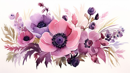 marvelous violet purple and burgundy anemone dusty mauve and lilac rose on white background - obrazy, fototapety, plakaty