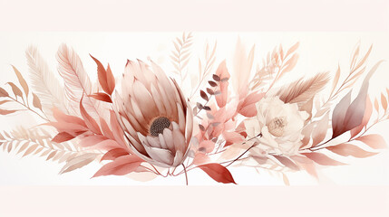 trendy dried palm leaves blush pink and rust rose pale protea. Illustration about elegant, autumn - obrazy, fototapety, plakaty