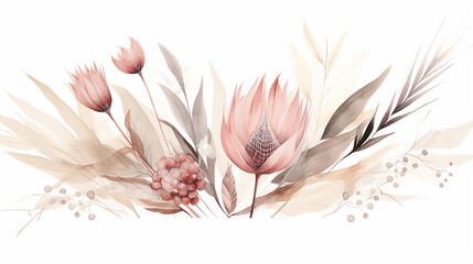 trendy dried palm leaves blush pink and rust rose pale protea on white background - obrazy, fototapety, plakaty