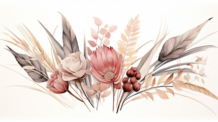 trendy dried palm leaves blush pink and rust rose pale protea on white background