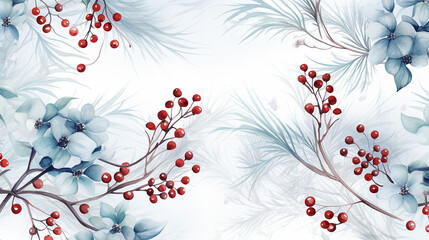 watercolor ornate flowers holly seeds fir tree twigs seamless pattern