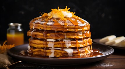 Fluffy Pumpkin Spice Pancakes, Drizzled with Maple Syrup 