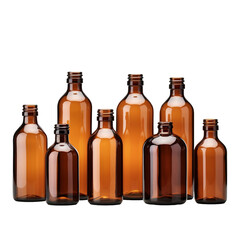 Empty brown glass medical bottles isolated on transparent background