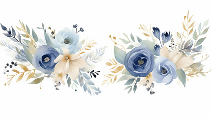 dusty blue floral boho navy blue cream and gold bouquet on white background - obrazy, fototapety, plakaty