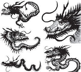 龍　辰年　手書きの毛筆イラストのセット